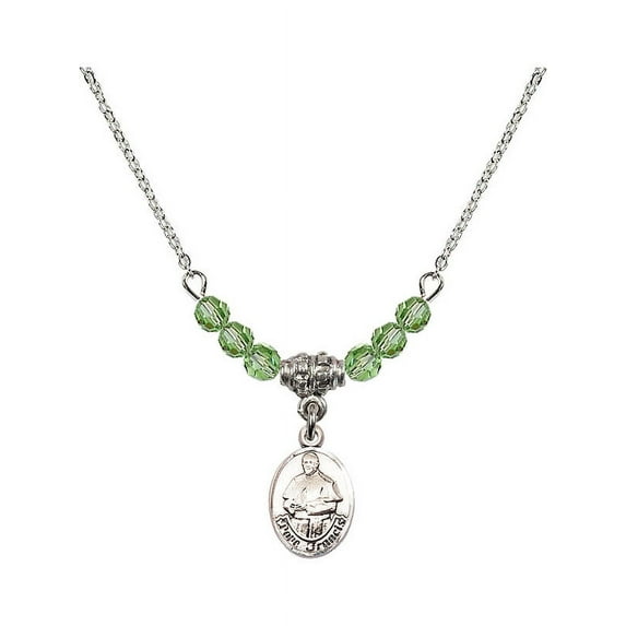 18-Inch Rhodium Plated Necklace with 4mm Green August Birth Month Stone Beads and Pope Francis Charm