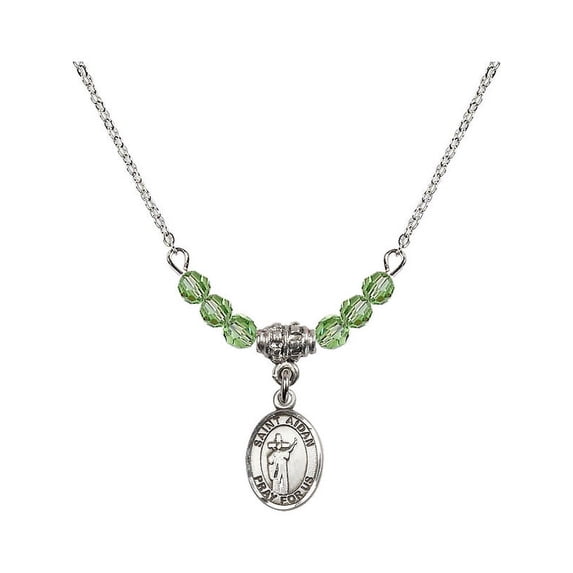 18-Inch Rhodium Plated Necklace with 4mm Green August Birth Month Stone Beads and Saint Aidan of Lindesfarne Charm