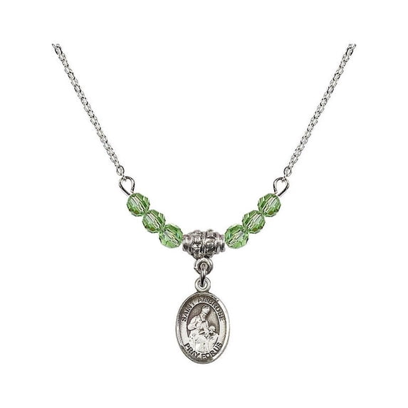 18-Inch Rhodium Plated Necklace with 4mm Green August Birth Month Stone Beads and Saint Ambrose Charm