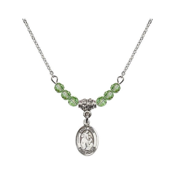 18-Inch Rhodium Plated Necklace with 4mm Green August Birth Month Stone Beads and Saint Ann Charm