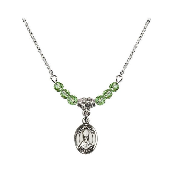 18-Inch Rhodium Plated Necklace with 4mm Green August Birth Month Stone Beads and Saint Anselm of Canterbury Charm