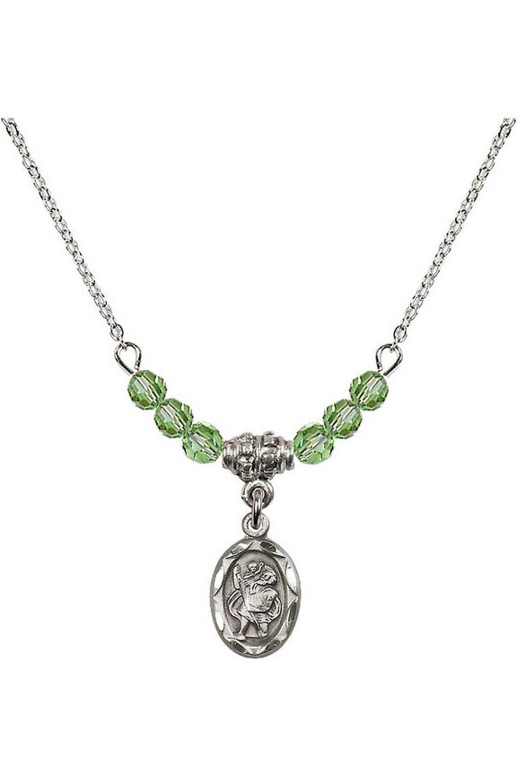 18-Inch Rhodium Plated Necklace with 4mm Green August Birth Month Stone Beads and Saint Christopher Charm