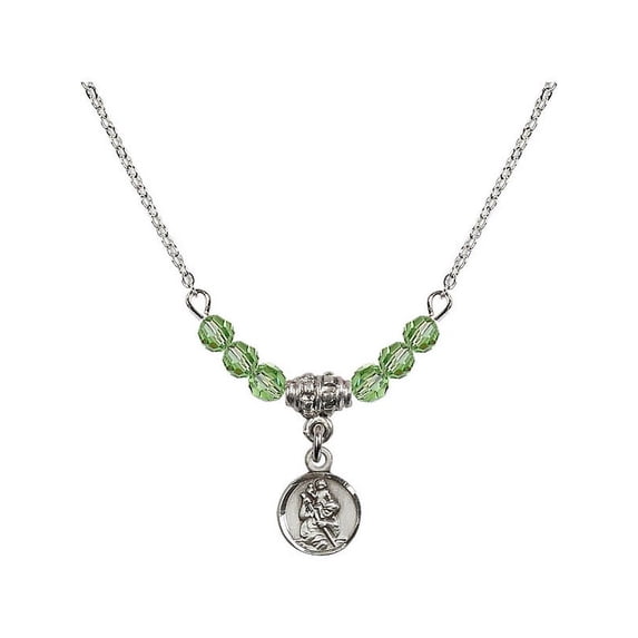 18-Inch Rhodium Plated Necklace with 4mm Green August Birth Month Stone Beads and Saint Christopher Charm