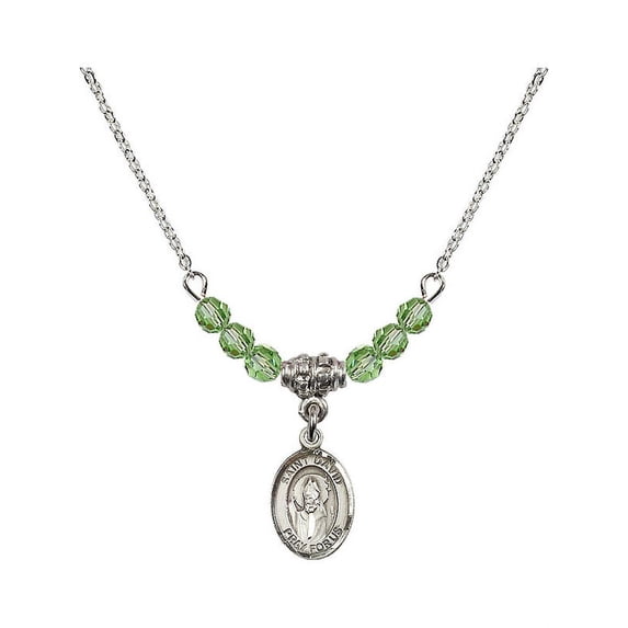 18-Inch Rhodium Plated Necklace with 4mm Green August Birth Month Stone Beads and Saint David of Wales Charm