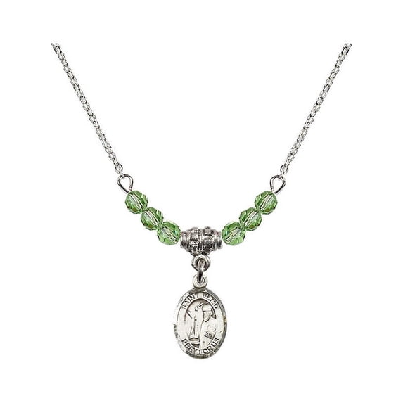 18-Inch Rhodium Plated Necklace with 4mm Green August Birth Month Stone Beads and Saint Elmo Charm