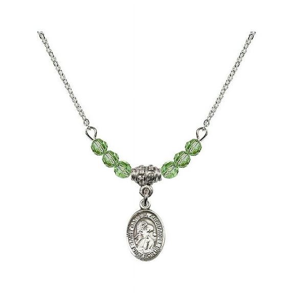 18-Inch Rhodium Plated Necklace with 4mm Green August Birth Month Stone Beads and Saint Gabriel the Archangel Charm