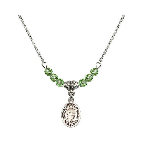 18-Inch Rhodium Plated Necklace with 4mm Green August Birth Month Stone Beads and Saint Hannibal Charm
