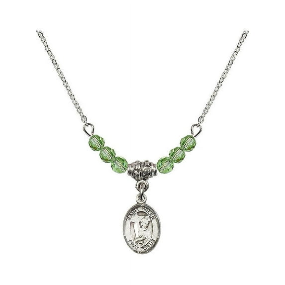 18-Inch Rhodium Plated Necklace with 4mm Green August Birth Month Stone Beads and Saint Helen Charm