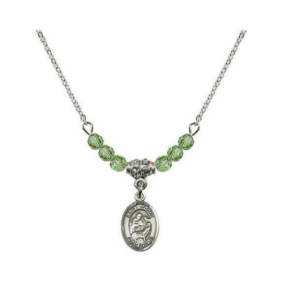 18-Inch Rhodium Plated Necklace with 4mm Green August Birth Month Stone Beads and Saint Jason Charm