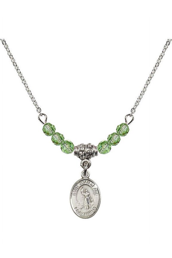 18-Inch Rhodium Plated Necklace with 4mm Green August Birth Month Stone Beads and Saint Joan of Arc Charm