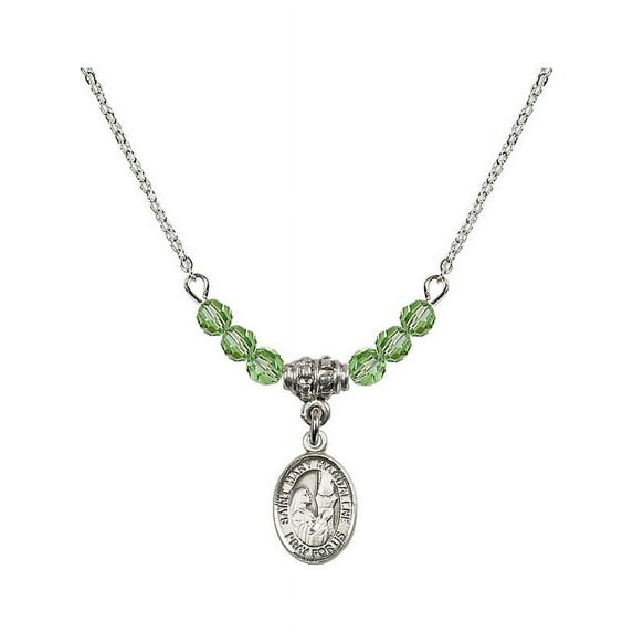 18-Inch Rhodium Plated Necklace with 4mm Green August Birth Month Stone Beads and Saint Mary Magdalene Charm