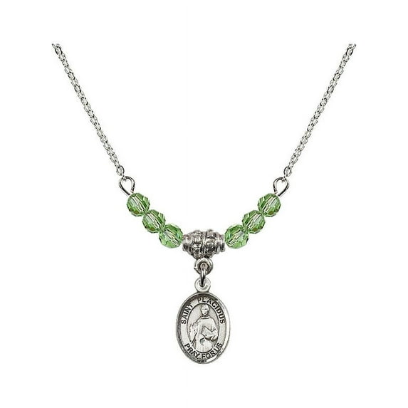 18-Inch Rhodium Plated Necklace with 4mm Green August Birth Month Stone Beads and Saint Placidus Charm