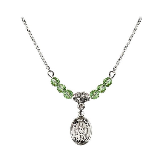 18-Inch Rhodium Plated Necklace with 4mm Green August Birth Month Stone Beads and Saint Walter of Pontoise Charm