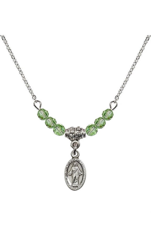 18-Inch Rhodium Plated Necklace with 4mm Green August Birth Month Stone Beads and Scapular Charm