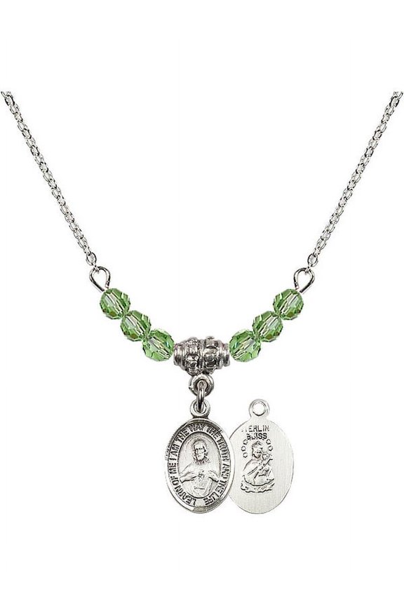 18-Inch Rhodium Plated Necklace with 4mm Green August Birth Month Stone Beads and Scapular Charm