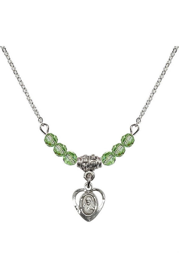18-Inch Rhodium Plated Necklace with 4mm Green August Birth Month Stone Beads and Scapular Charm