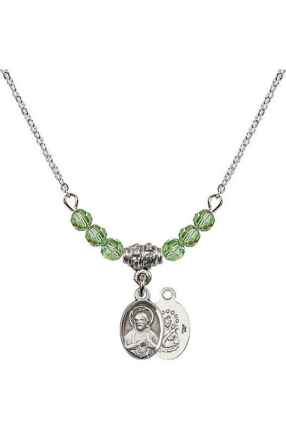 18-Inch Rhodium Plated Necklace with 4mm Green August Birth Month Stone Beads and Scapular Charm
