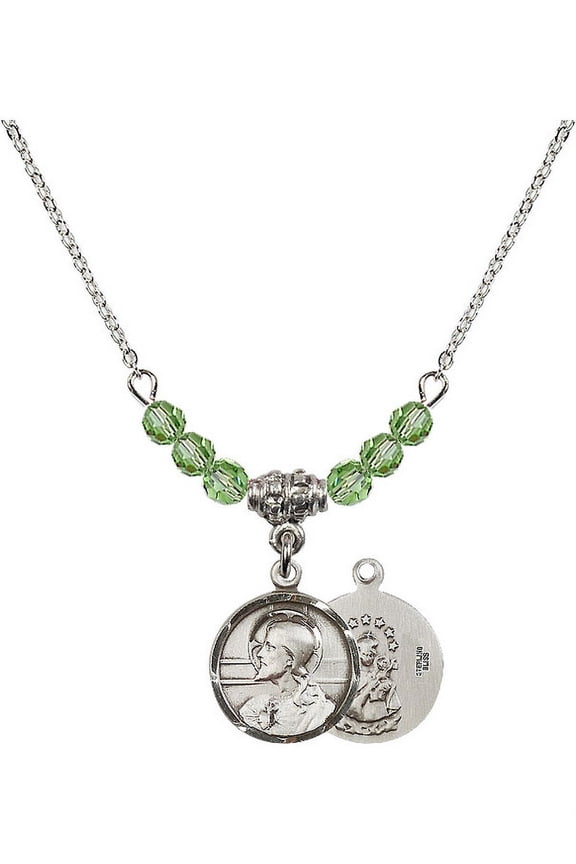 18-Inch Rhodium Plated Necklace with 4mm Green August Birth Month Stone Beads and Scapular Charm