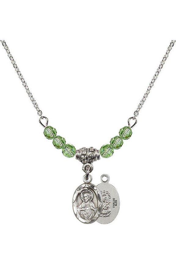 18-Inch Rhodium Plated Necklace with 4mm Green August Birth Month Stone Beads and Scapular Charm