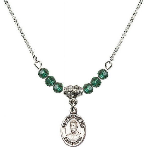 18-Inch Rhodium Plated Necklace with 4mm Green May Birth Month Stone Beads and Blessed Miguel Pro Charm
