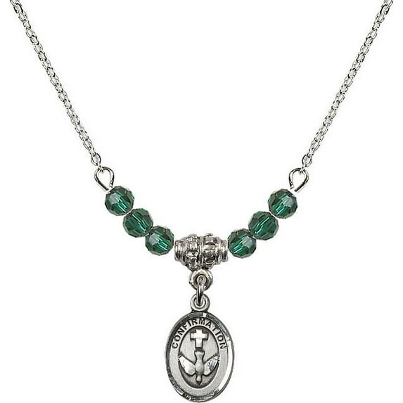 18-Inch Rhodium Plated Necklace with 4mm Green May Birth Month Stone Beads and Confirmation Charm