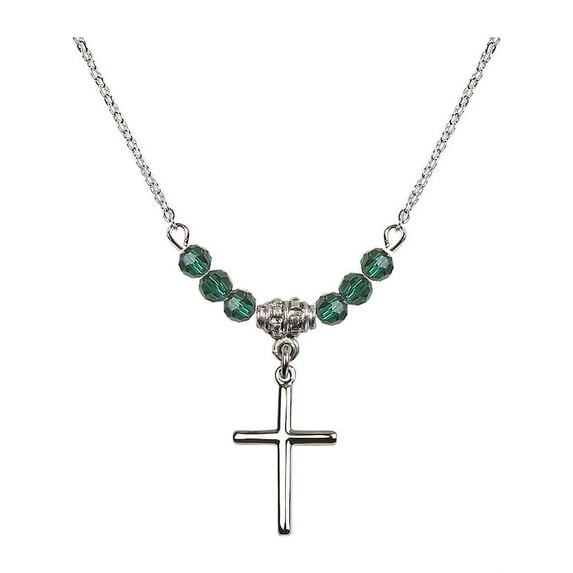 18-Inch Rhodium Plated Necklace with 4mm Green May Birth Month Stone Beads and Cross Charm
