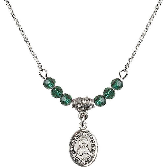 18-Inch Rhodium Plated Necklace with 4mm Green May Birth Month Stone Beads and Immaculate Heart of Mary Charm