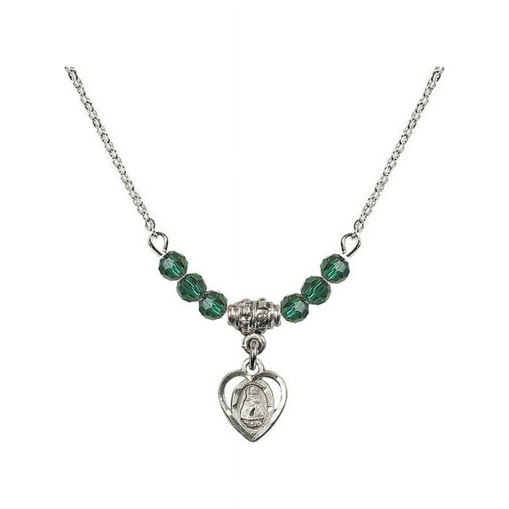 18-Inch Rhodium Plated Necklace with 4mm Green May Birth Month Stone Beads and Infant Charm
