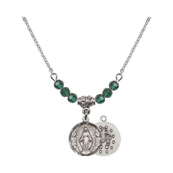 18-Inch Rhodium Plated Necklace with 4mm Green May Birth Month Stone Beads and Miraculous Charm