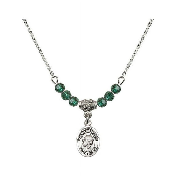 18-Inch Rhodium Plated Necklace with 4mm Green May Birth Month Stone Beads and Pope Saint Eugene I Charm