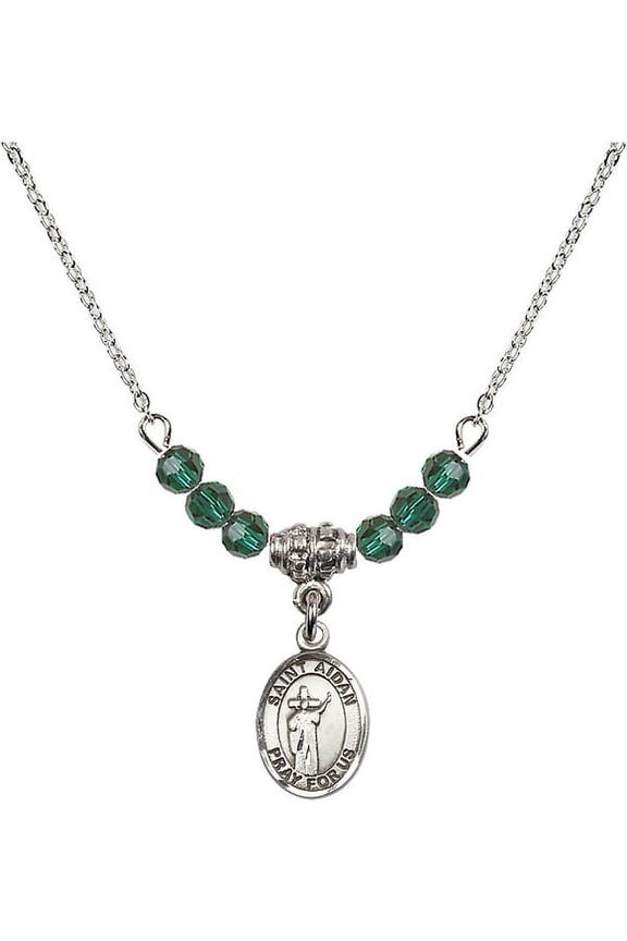 18-Inch Rhodium Plated Necklace with 4mm Green May Birth Month Stone Beads and Saint Aidan of Lindesfarne Charm
