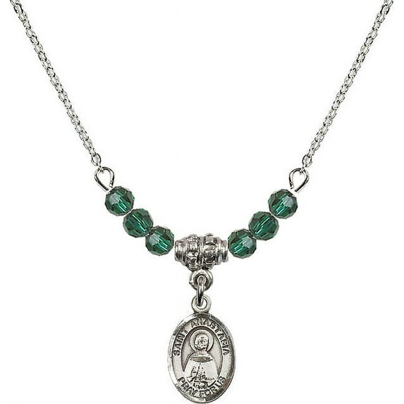 18-Inch Rhodium Plated Necklace with 4mm Green May Birth Month Stone Beads and Saint Anastasia Charm