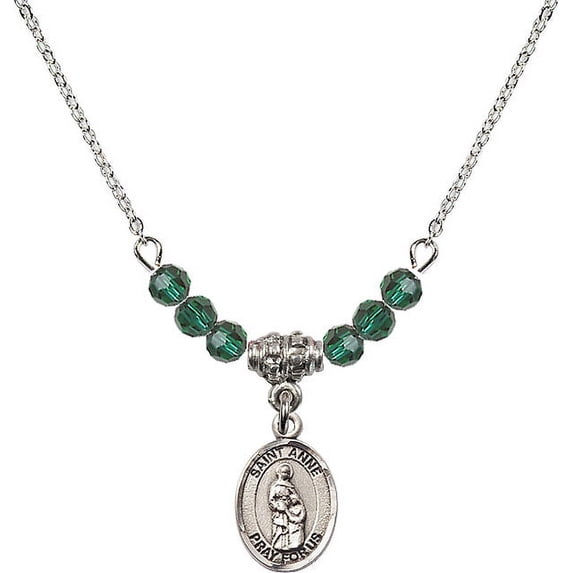 18-Inch Rhodium Plated Necklace with 4mm Green May Birth Month Stone Beads and Saint Anne Charm