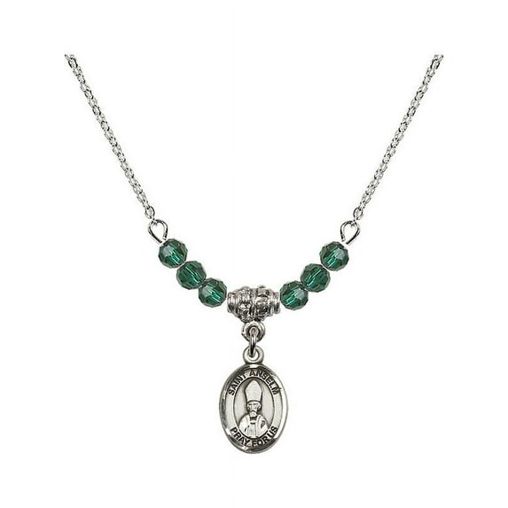 18-Inch Rhodium Plated Necklace with 4mm Green May Birth Month Stone Beads and Saint Anselm of Canterbury Charm