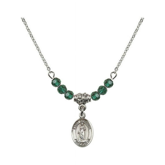18-Inch Rhodium Plated Necklace with 4mm Green May Birth Month Stone Beads and Saint Barbara Charm