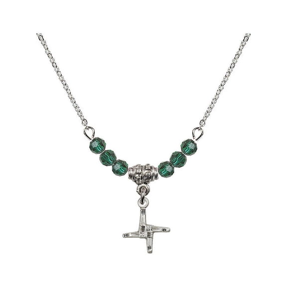 18-Inch Rhodium Plated Necklace with 4mm Green May Birth Month Stone Beads and Saint Brigid Cross Charm