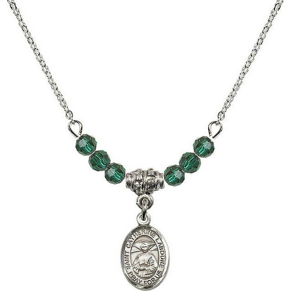 18-Inch Rhodium Plated Necklace with 4mm Green May Birth Month Stone Beads and Saint Catherine Laboure Charm