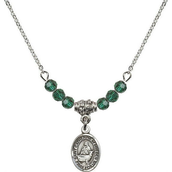 18-Inch Rhodium Plated Necklace with 4mm Green May Birth Month Stone Beads and Saint Catherine of Sweden Charm