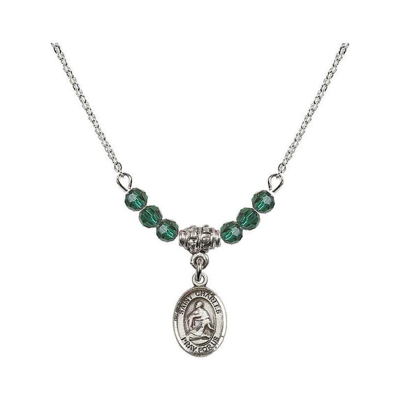 18-Inch Rhodium Plated Necklace with 4mm Green May Birth Month Stone Beads and Saint Charles Borromeo Charm