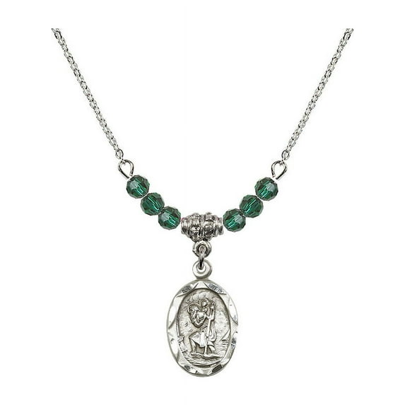 18-Inch Rhodium Plated Necklace with 4mm Green May Birth Month Stone Beads and Saint Christopher Charm