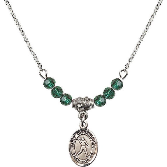 18-Inch Rhodium Plated Necklace with 4mm Green May Birth Month Stone Beads and Saint Christopher/Football Charm