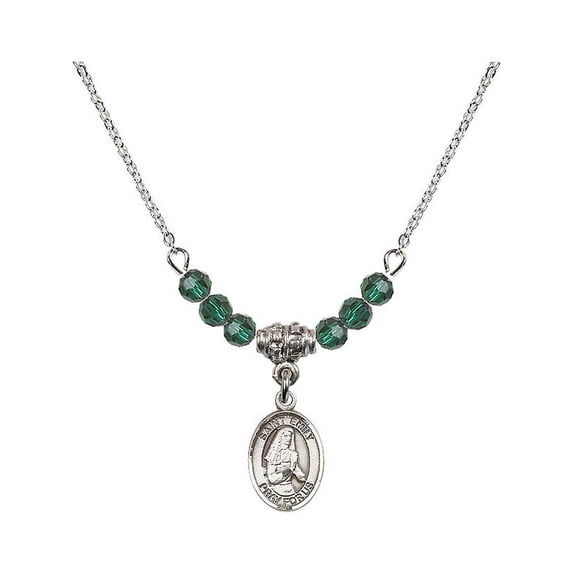 18-Inch Rhodium Plated Necklace with 4mm Green May Birth Month Stone Beads and Saint Emily de Vialar Charm