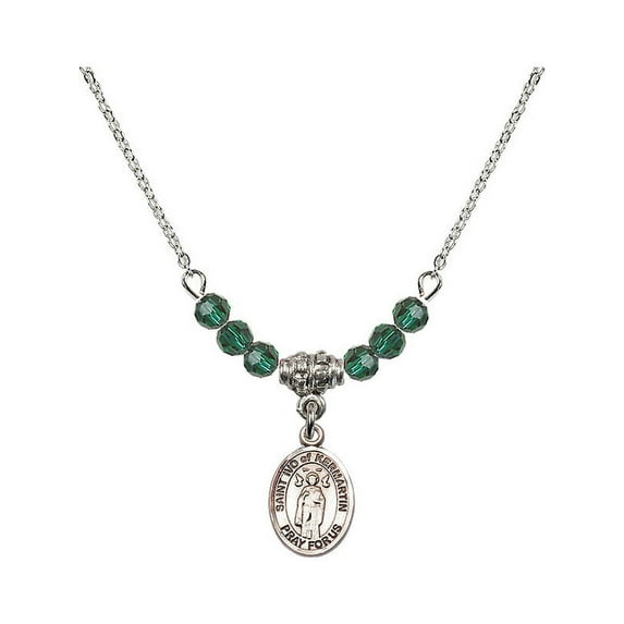 18-Inch Rhodium Plated Necklace with 4mm Green May Birth Month Stone Beads and Saint Ivo of Kelmartin Charm