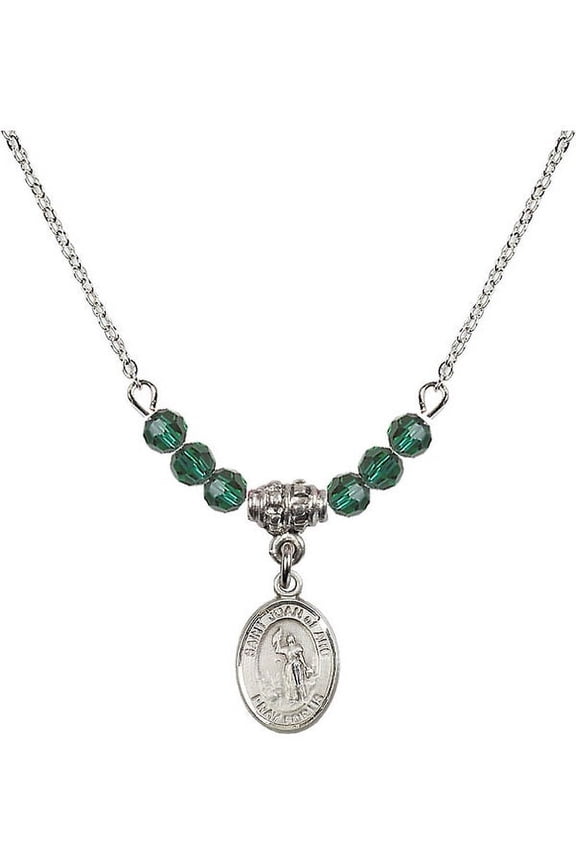 18-Inch Rhodium Plated Necklace with 4mm Green May Birth Month Stone Beads and Saint Joan of Arc Charm