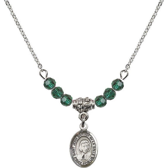 18-Inch Rhodium Plated Necklace with 4mm Green May Birth Month Stone Beads and Saint John Baptist de la Salle Charm