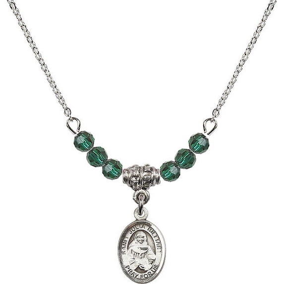 18-Inch Rhodium Plated Necklace with 4mm Green May Birth Month Stone Beads and Saint Julia Billiart Charm