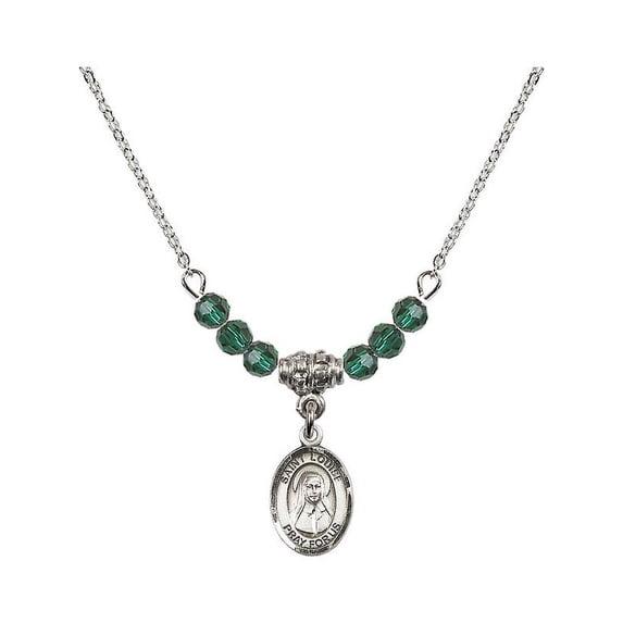 18-Inch Rhodium Plated Necklace with 4mm Green May Birth Month Stone Beads and Saint Louise de Marillac Charm