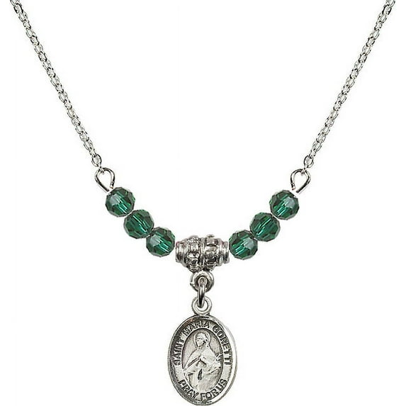 18-Inch Rhodium Plated Necklace with 4mm Green May Birth Month Stone Beads and Saint Maria Goretti Charm