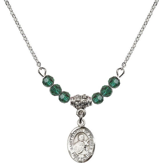 18-Inch Rhodium Plated Necklace with 4mm Green May Birth Month Stone Beads and Saint Martin de Porres Charm
