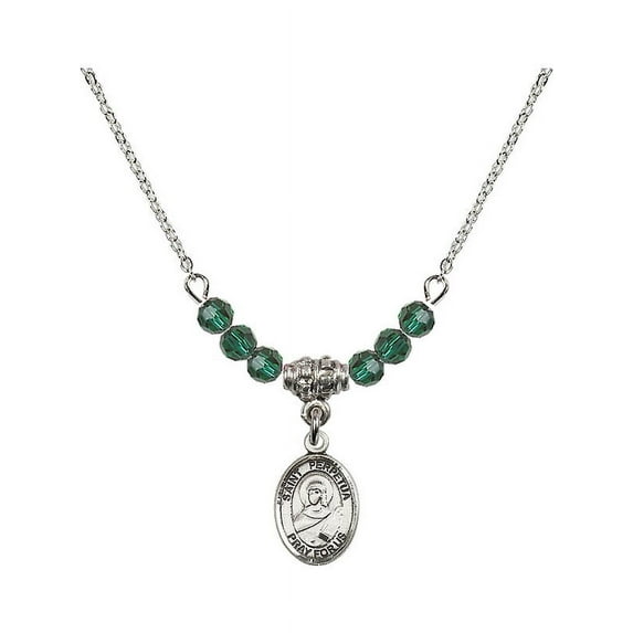 18-Inch Rhodium Plated Necklace with 4mm Green May Birth Month Stone Beads and Saint Perpetua Charm